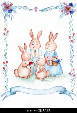 Aquarelle – affiche imprimable pour la famille des lapins de Pâques. Décoration d'intérieur cadeau de Pâques avec espace pour le nom et le texte. Banque D'Images