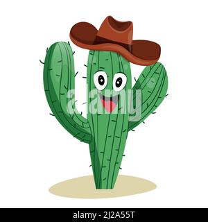 Grand cactus succulent avec épines dans un chapeau de cowboy élément isolé.Illustration de dessin vectoriel pour icône, jeu, emballage, bannière.Ouest sauvage, Ouest Illustration de Vecteur
