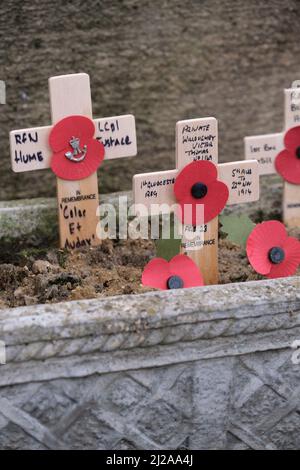 De petites croix de souvenir s'assoient contre un mémorial en pierre avec des coquelicots en papier décolorés. Banque D'Images