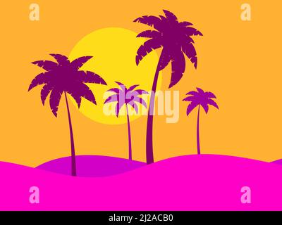 Paysage avec palmiers au lever du soleil dans un style minimaliste. Silhouettes de palmiers sur les collines. Heure d'été. Conception de brochures publicitaires, poste Illustration de Vecteur