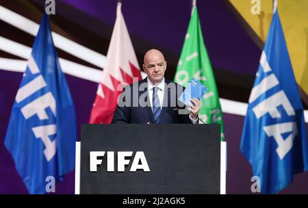 Doha, Qatar. 31st mars 2022. Football: Congrès de la FIFA 2022. Le président de la FIFA, Gianni Infantino, s'exprime devant le conférencier. Credit: Christian Charisius/dpa/Alay Live News Banque D'Images