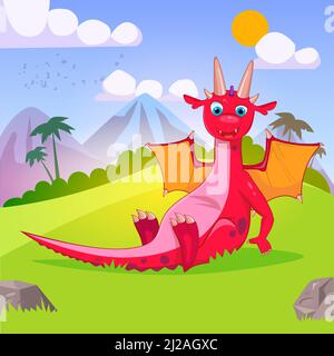 Drôle de dessin animé petit rouge dragon assis sur fond de nature. Illustration de Vecteur