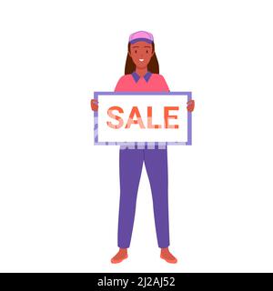 Une employée de magasin tient une bannière avec un texte de vente, une personne dans l'uniforme d'atelier Illustration de Vecteur