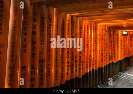 Vue latérale horizontale du sentier de Senbon Torii dans le sanctuaire de Fushimi-Inari Taisha Shinto, Kyoto, Japon Banque D'Images