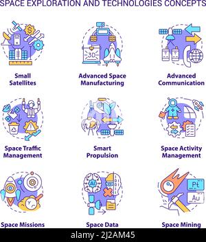 Jeux d'icônes de concepts d'exploration spatiale et de technologie Illustration de Vecteur