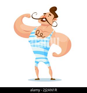 Homme fort de cirque montrant des muscles. Homme de style dessin animé. Illustration de Vecteur