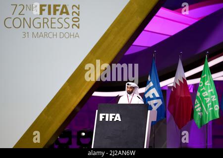 Secrétaire général de la Commission suprême pour l'exécution et l'héritage Hassan Al-Thawadi lors du Congrès de la FIFA 72nd au Centre des expositions et des congrès de Doha, Doha. Date de la photo: Jeudi 31 mars 2022. Banque D'Images