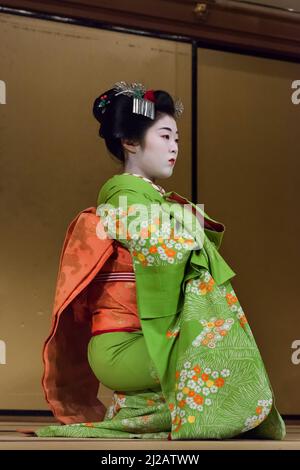 Vue verticale rapprochée d'une geisha assise portant un kimono dans une représentation traditionnelle japonaise à Gion Corner, Gion Yasaka Hall, Higashiyama, Kyoto Banque D'Images