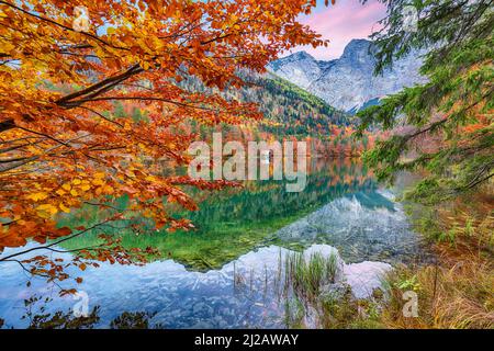 Étonnante scène automnale du lac Hinterer Langbathsee.Destination Poppular travell.Lieu: Vorderer Langbathsee, région de Salzkammergut, Austr Banque D'Images