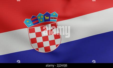 Drapeau national de Croatie 3D Render, République de Croatie drapeau textile, Zastava Hrvatske, Trobojnica avec armoiries Croatie, croate Banque D'Images