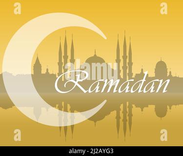 L'Islam croissant de lune avec bannière bleue de silhouette de mosquée. Fond doré du ramadan. Silhouette, lune et lettres d'Istanbul. Carte de vacances vecteur illust Illustration de Vecteur