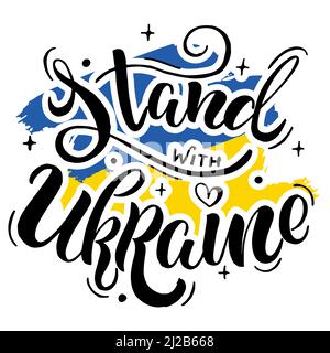« Stand with Ukraine », phrase en caractères d'arrière-plan dans les couleurs du drapeau national de l'Ukraine. Symbole de paix, pas de concept de guerre. Illustration de Vecteur