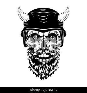 Crâne rétro dans casque avec illustration vectorielle de cornes. Tête morte monochrome avec barbe. La conception de tatouage et le concept de communauté rebelle peuvent être utilisés pour rétro Illustration de Vecteur