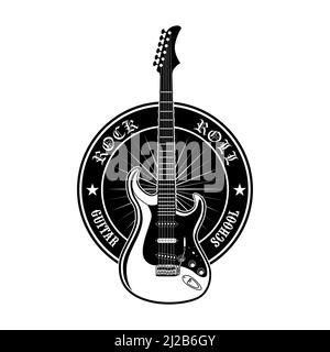 Autocollant rond pour illustration vectorielle d'école de guitare. Étiquette promotionnelle noire ou publicité pour les cours de musique rock. Le concept de divertissement peut être utilisé Illustration de Vecteur