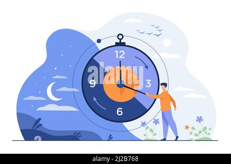 Homme déplaçant les flèches de l'horloge et gérant l'heure. Planète, nuit et jour en arrière-plan. Illustration vectorielle des rythmes circadiens, de la routine quotidienne, du matin et Illustration de Vecteur