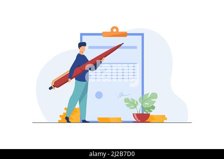 Homme signant le contrat avec un gros stylo. Projet, profit. Illustration vectorielle plate. Le concept d'entreprise peut être utilisé pour les présentations, les bannières, la conception de sites Web, Illustration de Vecteur