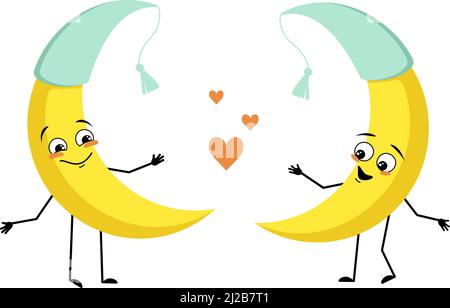 Adorable personnage de lune en chapeau de nuit avec des émotions d'amour, un visage heureux, un sourire, des bras et des jambes. Personne avec expression heureuse et pose. Illustration vectorielle plate Illustration de Vecteur
