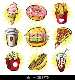 Ensemble de patches et badges tendance Vector Cool. Cornet de crème glacée, beignet, frites, café, hamburger, pizza, pop-corn, hot dog et cola en po rétro Illustration de Vecteur