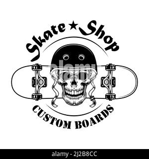 Illustration vectorielle de l'étiquette du magasin Skate. Crâne dans un casque avec planche à roulettes et texte. Modèle de concept de sport extrême pour la boutique de skateboard et les emblèmes de service Illustration de Vecteur
