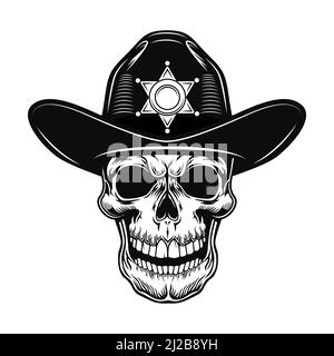 Illustration du vecteur crâne de shérif. Chef de police en chapeau avec étoile. Concept d'autorité pour les sujets de droit et de l'Ouest ou modèle de tatouage Illustration de Vecteur