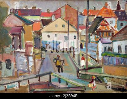 Peinture à l'huile par Sasza Blondr, peintre polonais (1909-1949) - porte-eau à Krzemieniec (1936) Banque D'Images