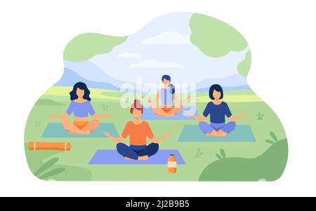 Les personnes qui apprécient les cours de yoga en plein air dans le parc. Les femmes assises sur l'herbe dans la pose de lotus. Illustration vectorielle pour la santé, les loisirs, le concept de bien-être Illustration de Vecteur