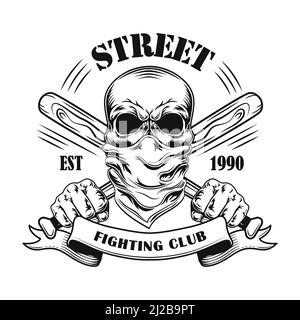 Illustration du vecteur membre Street Fight. Crâne en bandana, battes de baseball croisées et texte. Concept de club de combat pour les emblèmes de la communauté ou modèle de badges Illustration de Vecteur