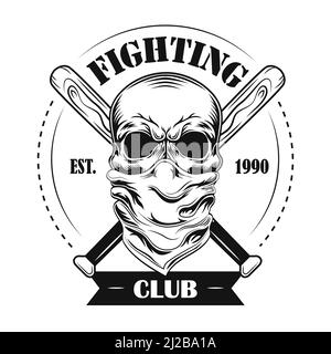 Illustration du vecteur membre du club de combat. Crâne en bandana, battes de baseball croisées et texte. Concept de club de combat pour emblèmes ou badges de la communauté templat Illustration de Vecteur