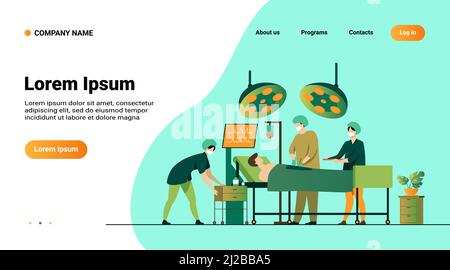 L'équipe des chirurgiens entoure le patient sur l'illustration vectorielle plate de la table d'opération. Caricature des travailleurs médicaux se préparant à la chirurgie. Médecine et technologie Illustration de Vecteur