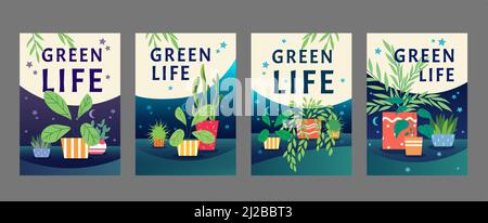 Ensemble d'affiches « Green Life ». Plantes de maison, plantes de maison en pots illustration vectorielle avec des échantillons de texte. Modèle pour flyers de serre ou boutique de fleurs ba Illustration de Vecteur