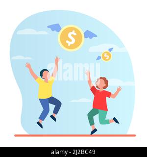 Un petit homme et une petite femme qui essaient de prendre l'exemple de l'argent volant. Dollar, profit, investissement. Le concept de finance peut être utilisé pour les présentations, les bannières, les websi Illustration de Vecteur