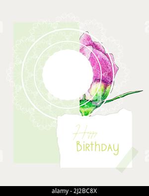 Joyeux anniversaire collage vert carte postale style vintage, pivoine et dentelle muguet, scrapbooking, pour félicitations, place à insérer. Illustration vectorielle Illustration de Vecteur