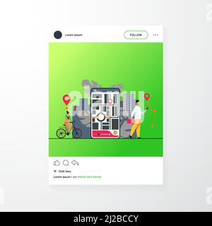 Des personnes minuscules utilisant une application mobile avec une carte en plein air, illustration vectorielle plate isolée. Téléphone de dessin animé avec application de suivi de navigation. Voyage et technologie Illustration de Vecteur