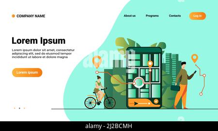Des personnes minuscules utilisant une application mobile avec une carte en plein air, illustration vectorielle plate isolée. Téléphone de dessin animé avec application de suivi de navigation. Voyage et technologie Illustration de Vecteur