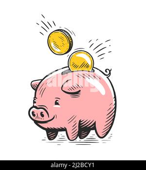 Banque de porc rose avec pièces d'or en chute. Concept d'argent Illustration de Vecteur