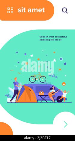 Groupe heureux de touristes campant sur la nature isolé vecteur plat illustration. Des amis animés avec des enfants assis près d'un feu de camp et d'une bande-annonce. Tourisme, summ Illustration de Vecteur