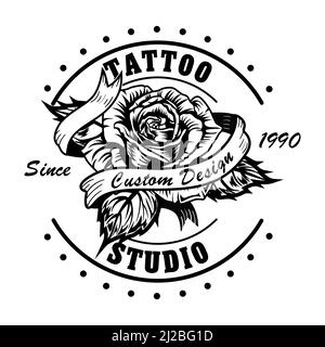 Badge studio de tatouage vintage avec illustration vectorielle rose. Fleur noire et blanche avec ruban adhésif. Le design, l'art et le style de tatouage peuvent être utilisés pour retr Illustration de Vecteur