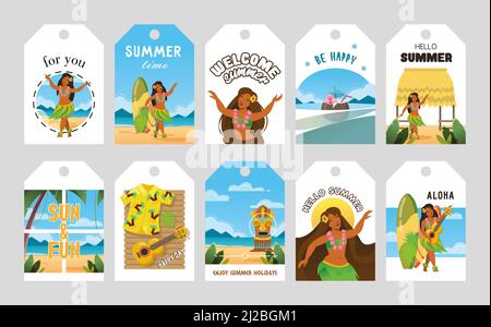 Motif étiquettes promo vif pour illustrations vectorielles Hawaii. Éléments et texte hawaïens. Concept été et vacances. Modèle pour affiche de promotion, publicité Illustration de Vecteur