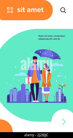 Jeune couple dans l'illustration de vecteur de pluie. Homme et femme en imperméable debout sous un parapluie dans la rue urbaine. Image de pluie d'automne pour la météo, la saison, c Illustration de Vecteur