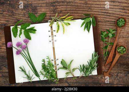 Herbes fraîches nourriture saine assaisonnement et médecine naturelle de plantes avec cahier de recettes et cuillères en bois sur fond de bois rustique. Banque D'Images