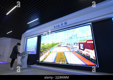 (220331) -- XIONG'AN, le 31 mars 2022 (Xinhua) -- un ingénieur s'est spécialisé dans la modélisation de l'information sur les bâtiments (BIM) dans la nouvelle zone de Xiong'an, dans la province de Hebei, au nord de la Chine, le 29 mars 2022. Surnommée la plus jeune ville de Chine et une « ville du futur », la nouvelle région de Xiong'an marque vendredi son cinquième anniversaire. La Chine a annoncé son intention d'établir la nouvelle zone de Xiong'an le 1 avril 2017, afin de soulager Beijing des fonctions non essentielles à son rôle de capitale nationale et de faire progresser le développement coordonné de la région de Beijing-Tianjin-Hebei. À la fin de 2021, la construction a commencé sur 177 proje clé Banque D'Images