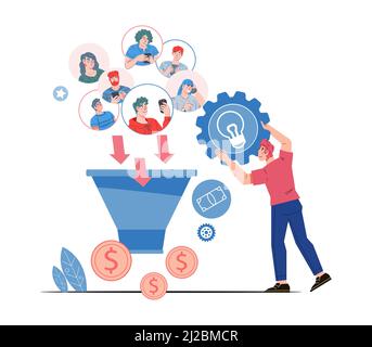 Entonnoir de vente et génération de prospects. Concept de marketing numérique avec entonnoir de génération de prospects et d'attirer des acheteurs. Taux de conversion et optimisation des ventes, Illustration de Vecteur