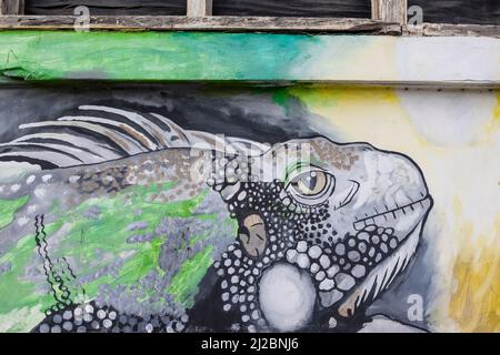 Murale colorée d'un iguane sur le mur d'un bâtiment abandonné à Willemstad, Curaçao Banque D'Images