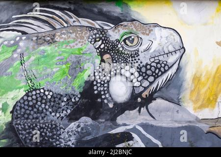 Murale colorée d'un iguane sur le mur d'un bâtiment abandonné à Willemstad, Curaçao Banque D'Images