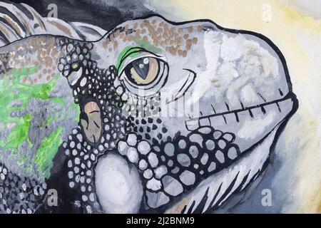 Murale colorée d'un iguane sur le mur d'un bâtiment abandonné à Willemstad, Curaçao Banque D'Images