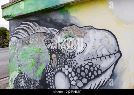 Murale colorée d'un iguane sur le mur d'un bâtiment abandonné à Willemstad, Curaçao Banque D'Images