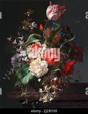 Fleurs dans un vase en verre avec une tulipe de Rachel Ruysch (1664-1750), huile sur toile, 1716 Banque D'Images