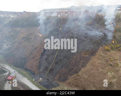 Cork, Irlande, 31st mars 2022. Cork City Fire Brigade traite d'un grand feu de Gorse près des maisons dans le Glen Park, Cork, Irlande. Photo aérienne des membres de la brigade des pompiers de Cork qui s'occupent d'un autre grand feu de gorge brûlant à proximité des maisons du parc Glen River qui s'étend entre le Glen et Ballyvolane. Peu après 6 heures ce soir, la brigade des pompiers de Cork a assisté à la scène d'un grand feu de gorge brûlant près des maisons de Glen River Park, la fumée de ce feu a explosé directement dans les maisons de la région de Glen au-dessus de Glen Park. Un certain nombre de pompiers ont pu assister à cette réunion Banque D'Images