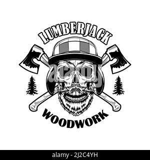 Illustration du vecteur du crâne de lumberjack barbu. Tête de squelette avec axes croisés et texte en bois. Enregistreur de bois ou concept de menuisier pour les emblèmes ou le tatouage t Illustration de Vecteur