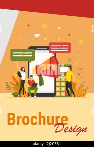 Les blogueurs de la publicité des références. Des jeunes avec des gadgets et des haut-parleurs annonçant des nouvelles, attirant le public cible. Illustration vectorielle pour le marché Illustration de Vecteur